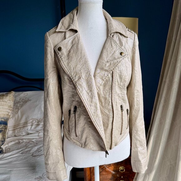 Guess Shimmery Gold Cream Linen Blend Moto Jacket - Picture 10 of 15